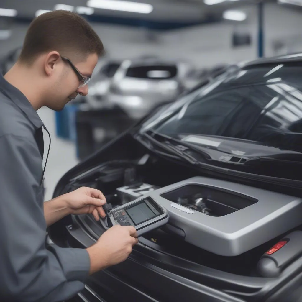 European Car Diagnostics Scanner Tool: A Mountain View Care Center Technician Uses a Dealer Scanner to Analyze a Car's Electronic Systems