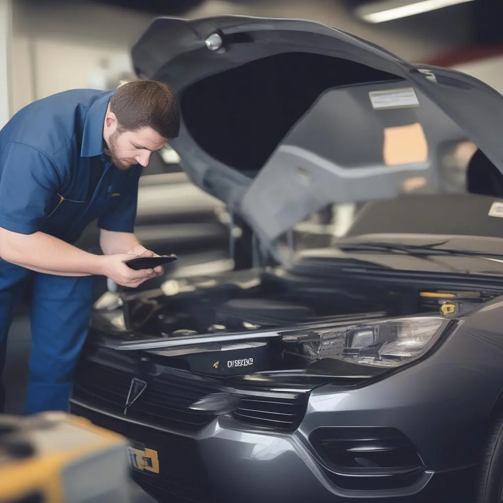 A technician using a dealer scanner for diagnostic and repair