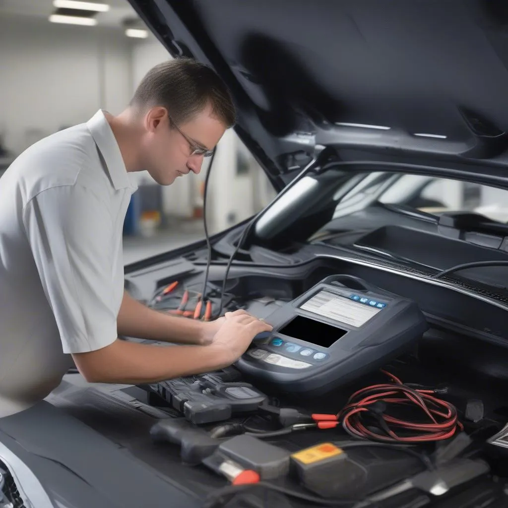 A technician using a Dealer Scanner to diagnose a European car's electrical system