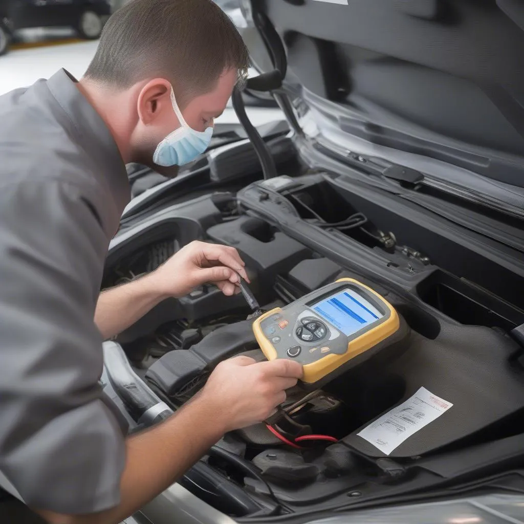 European Car Electrical System Diagnostics:  A Technician Using a Scanner to Identify Electrical Issues