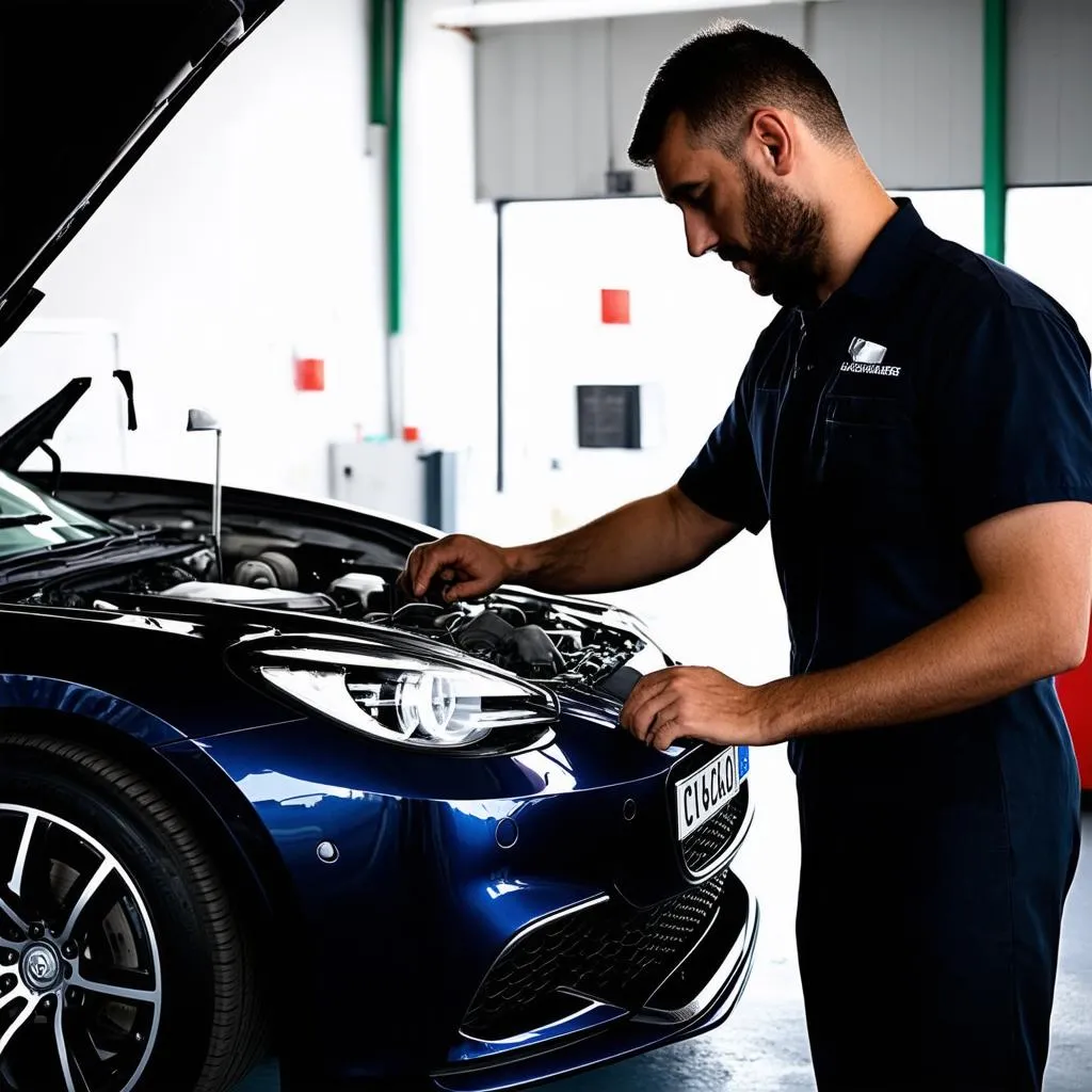 Mechanic repairing a European car