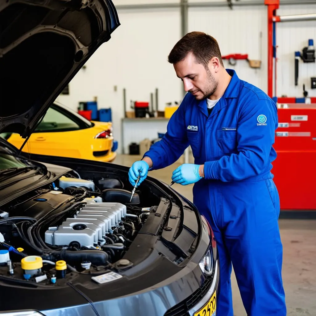 A mechanic working on a European car