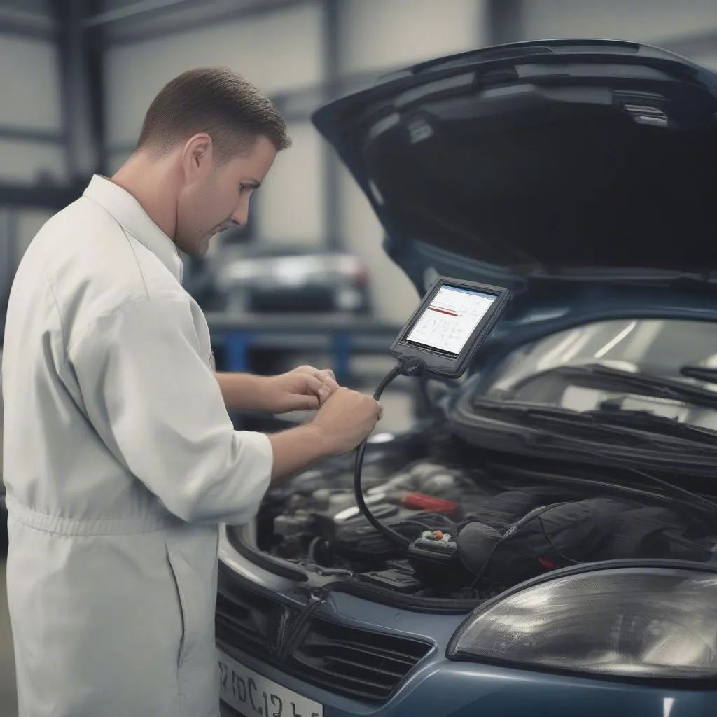 A mechanic using an online scan tool to diagnose a problem on a European car