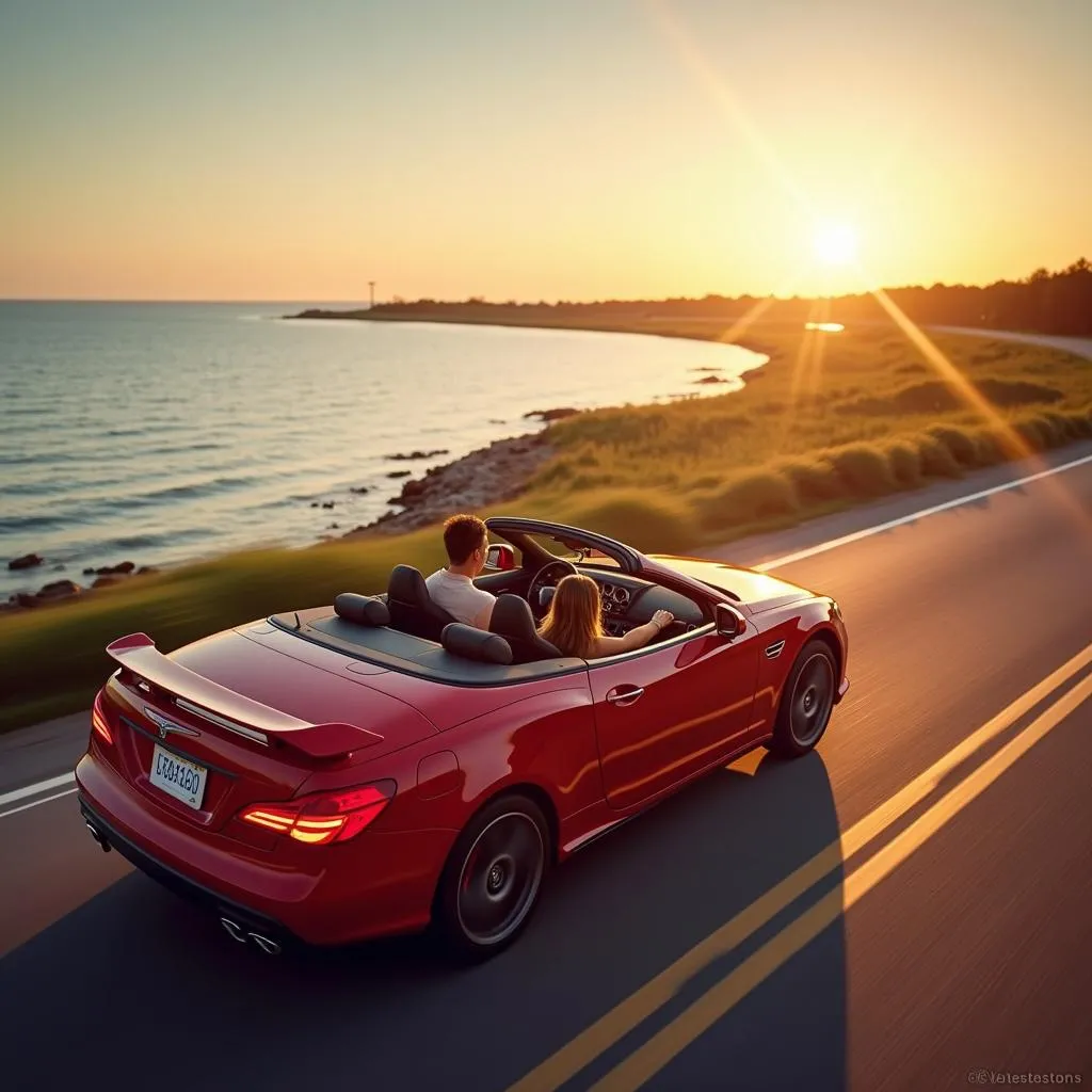 A couple enjoying a scenic drive along Mobile Bay in their rental convertible.