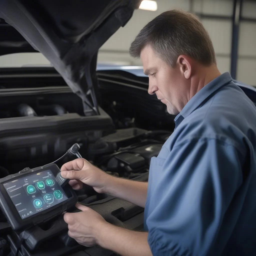 Mechanic using scan tool to diagnose F150