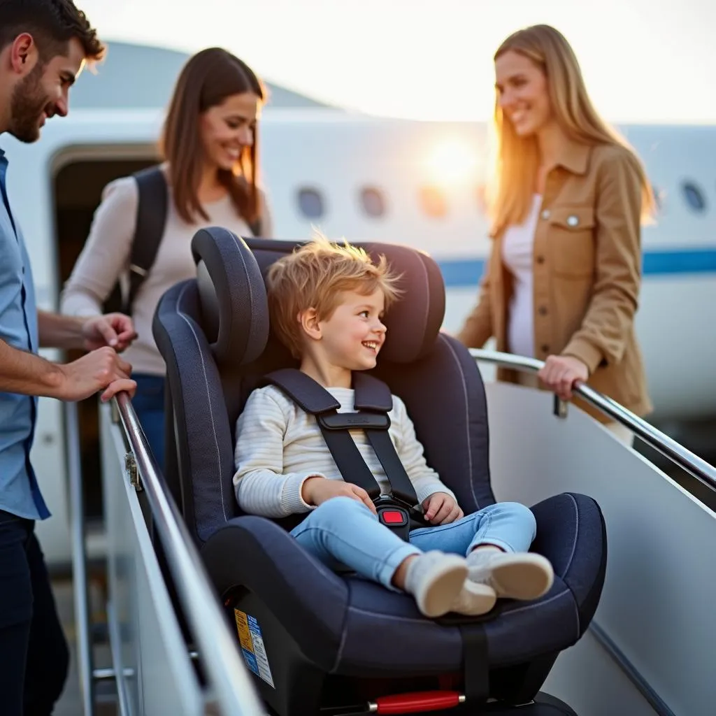 Family Boarding Airplane with Car Seat