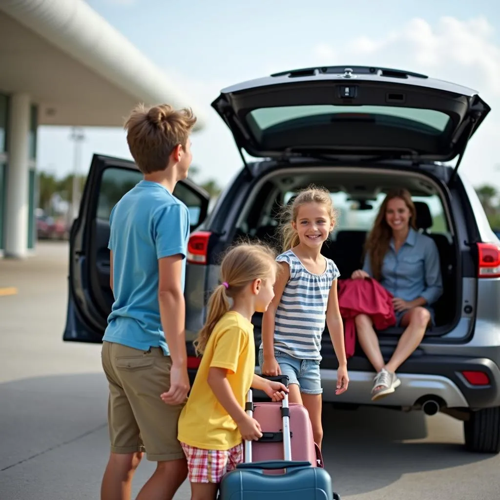 A happy family collects their rental car at Fort Myers Airport