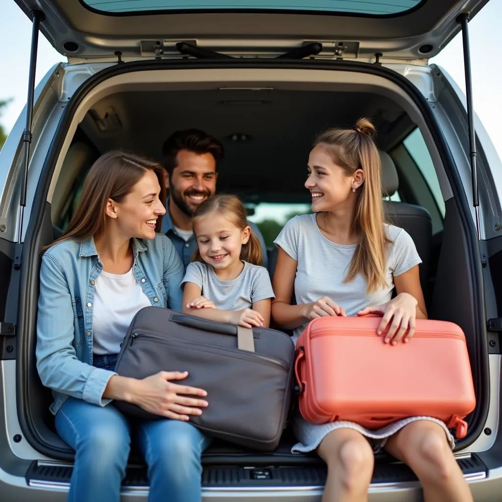 Family loading luggage into a minivan