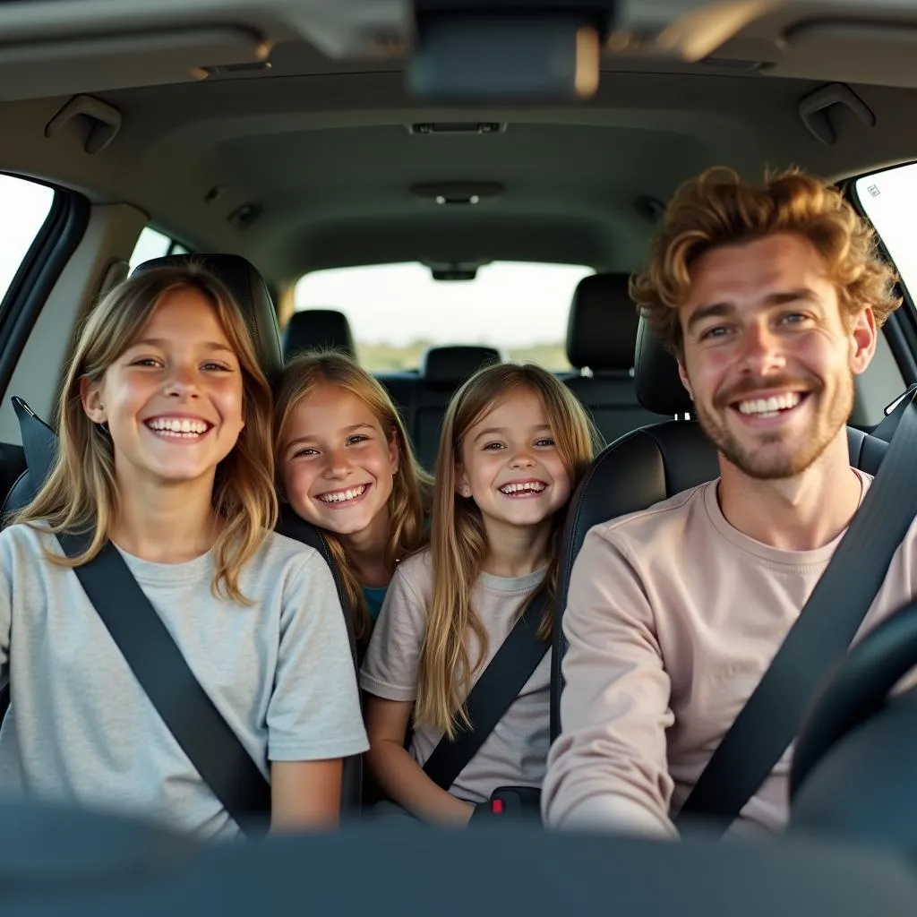 Happy family smiling during a road trip in their electric car