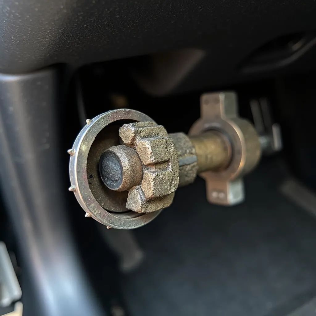 A close-up view of a faulty ignition lock cylinder in a car.