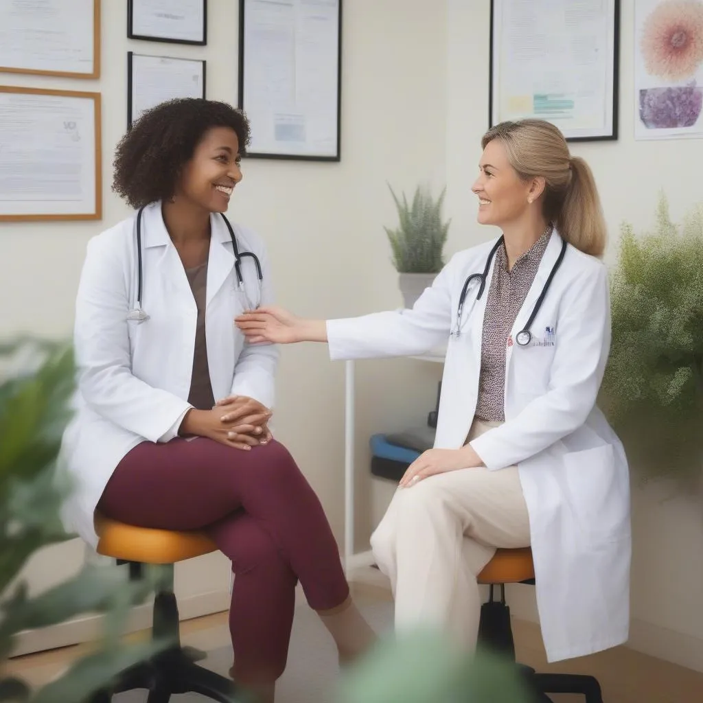 A friendly female doctor smiles warmly at a patient during a consultation.