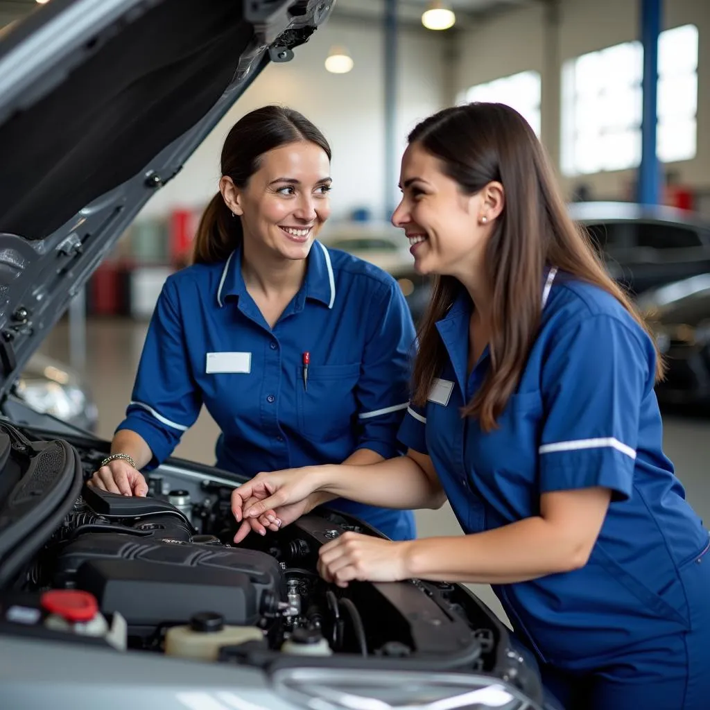 Female Mechanic Explaining Car Engine