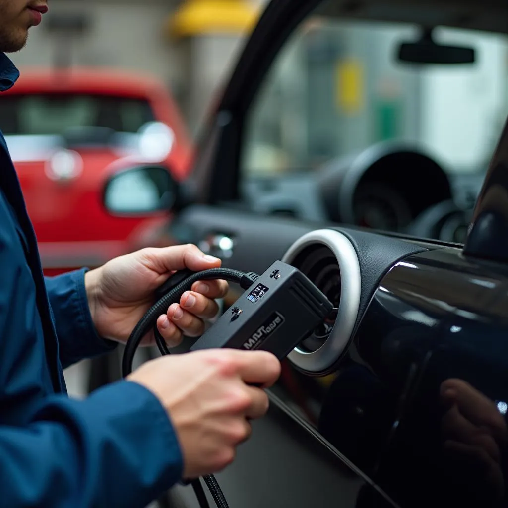 Mechanic using a Fiat ECU scan tool