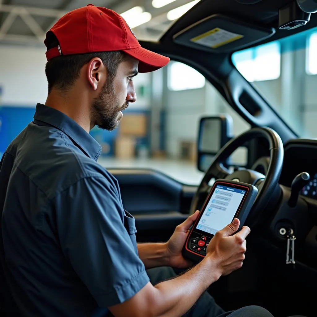 Mechanic Using a Ford F250 Diesel Scan Tool