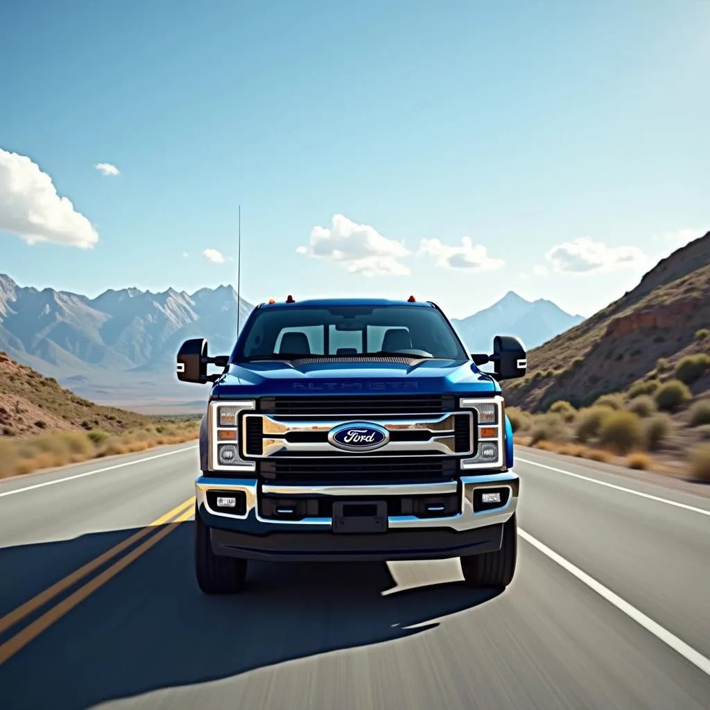 Blue Ford F350 Driving on Scenic Highway