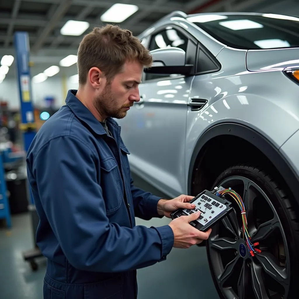 Experienced Ford mechanic inspecting the airbag system of a Ford Escape