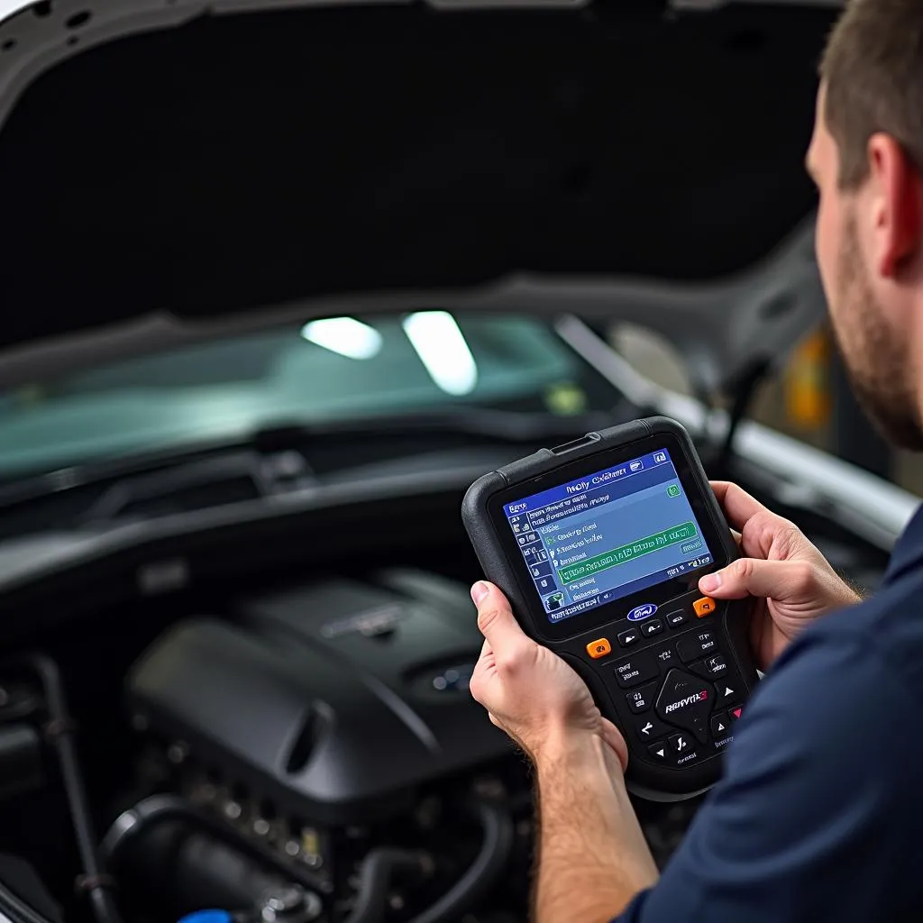 Mechanic using a Ford factory scan tool on a car engine