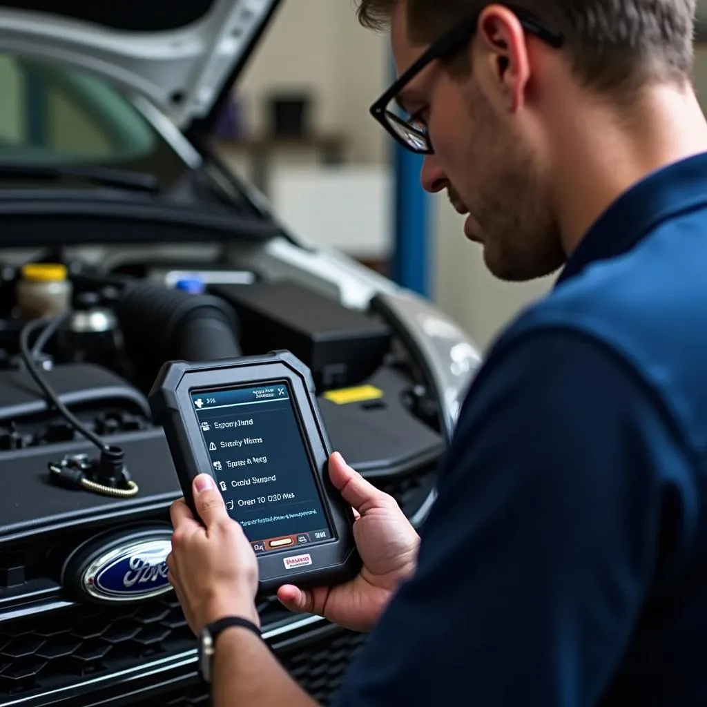 Ford owner performing car diagnostics with a scan tool