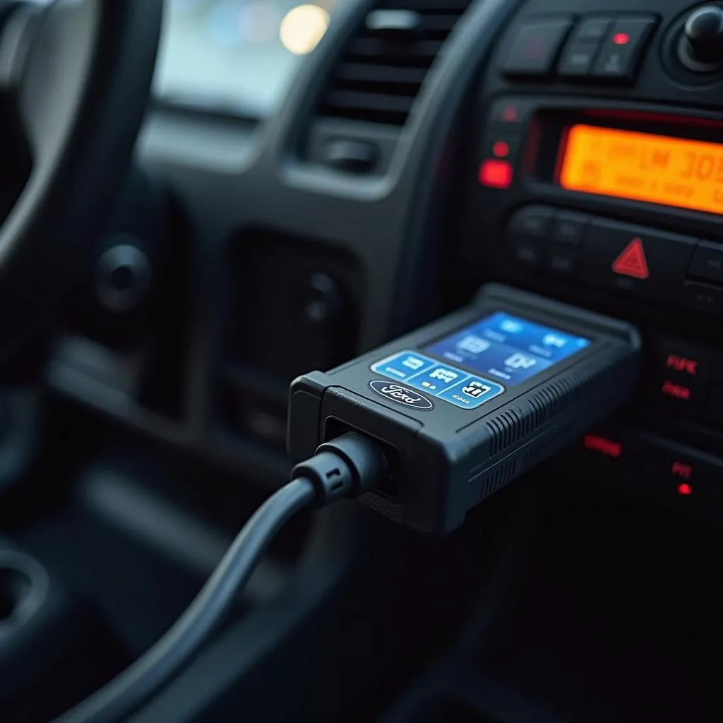 Ford scanning tool connected to a car's OBD-II port