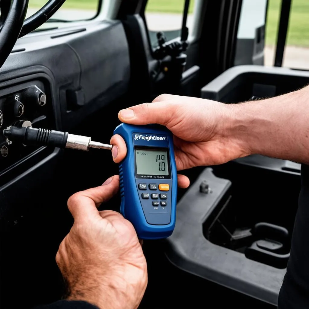 Freightliner code reader plugged into a truck's diagnostic port