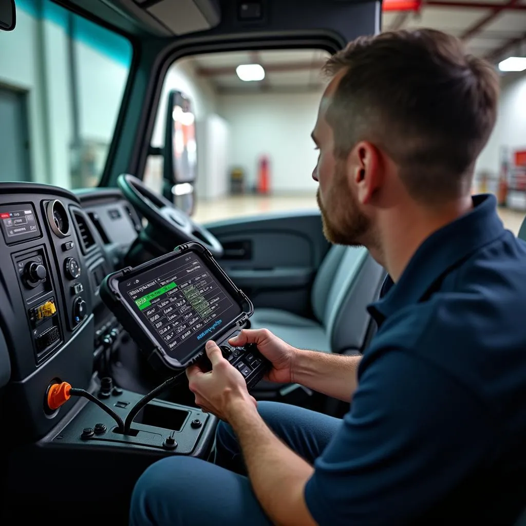 Freightliner scan tool plugged into a truck's diagnostic port