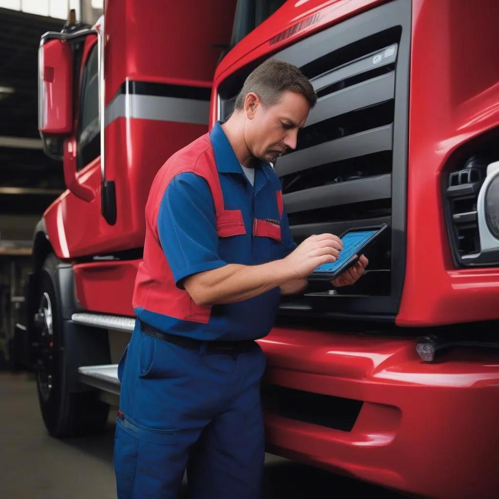 Mechanic using a diagnostic tool on a Freightliner truck