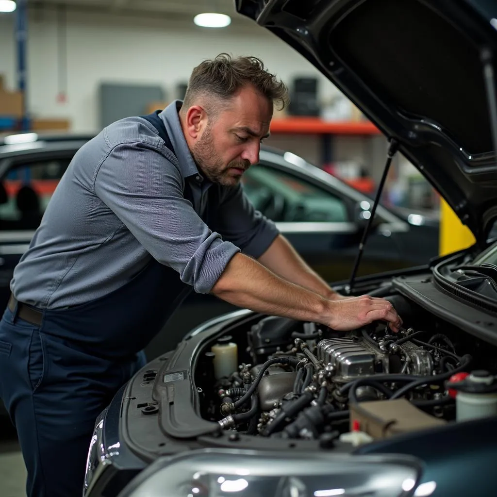 Frustrated Mechanic Working on Car Engine