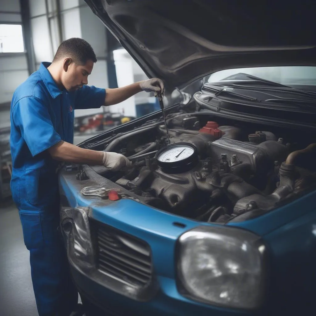 Mechanic using a fuel pressure gauge on a car engine