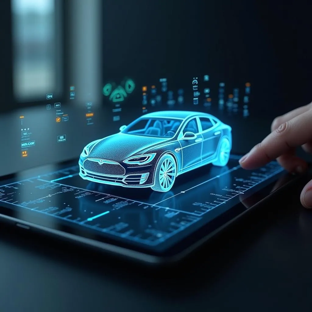 Futuristic car diagnostic interface on a tablet