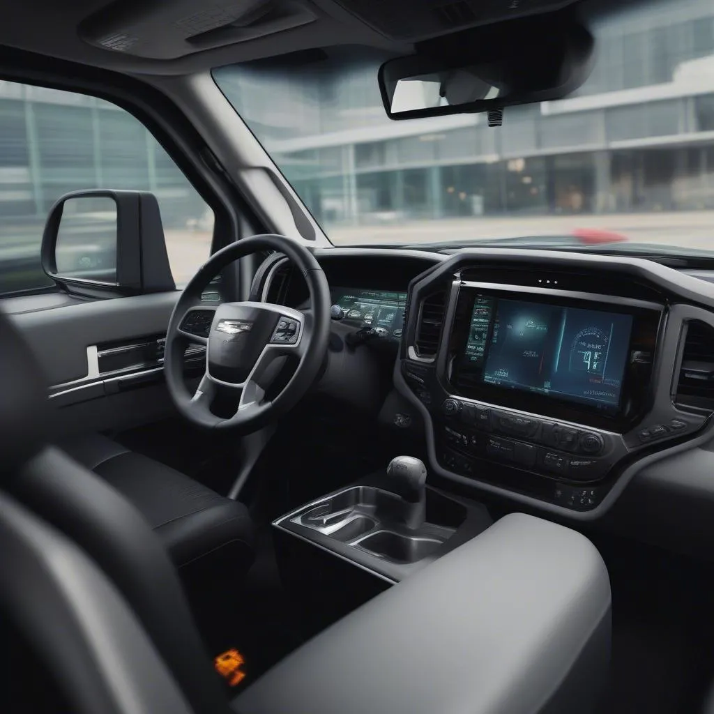 The dashboard of a futuristic semi truck with a large digital display showing diagnostic information.