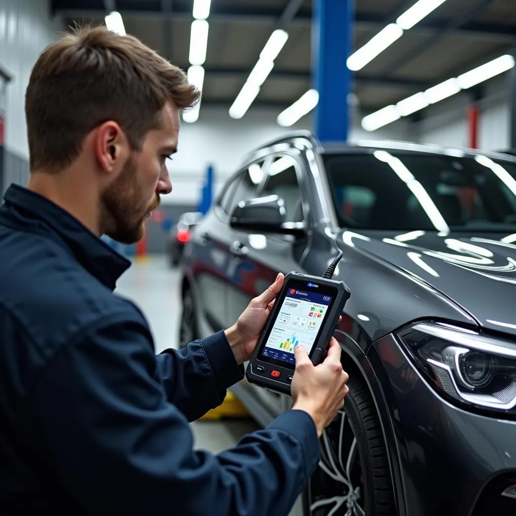 Mechanic using a G-Scan diagnostic tool on a European car