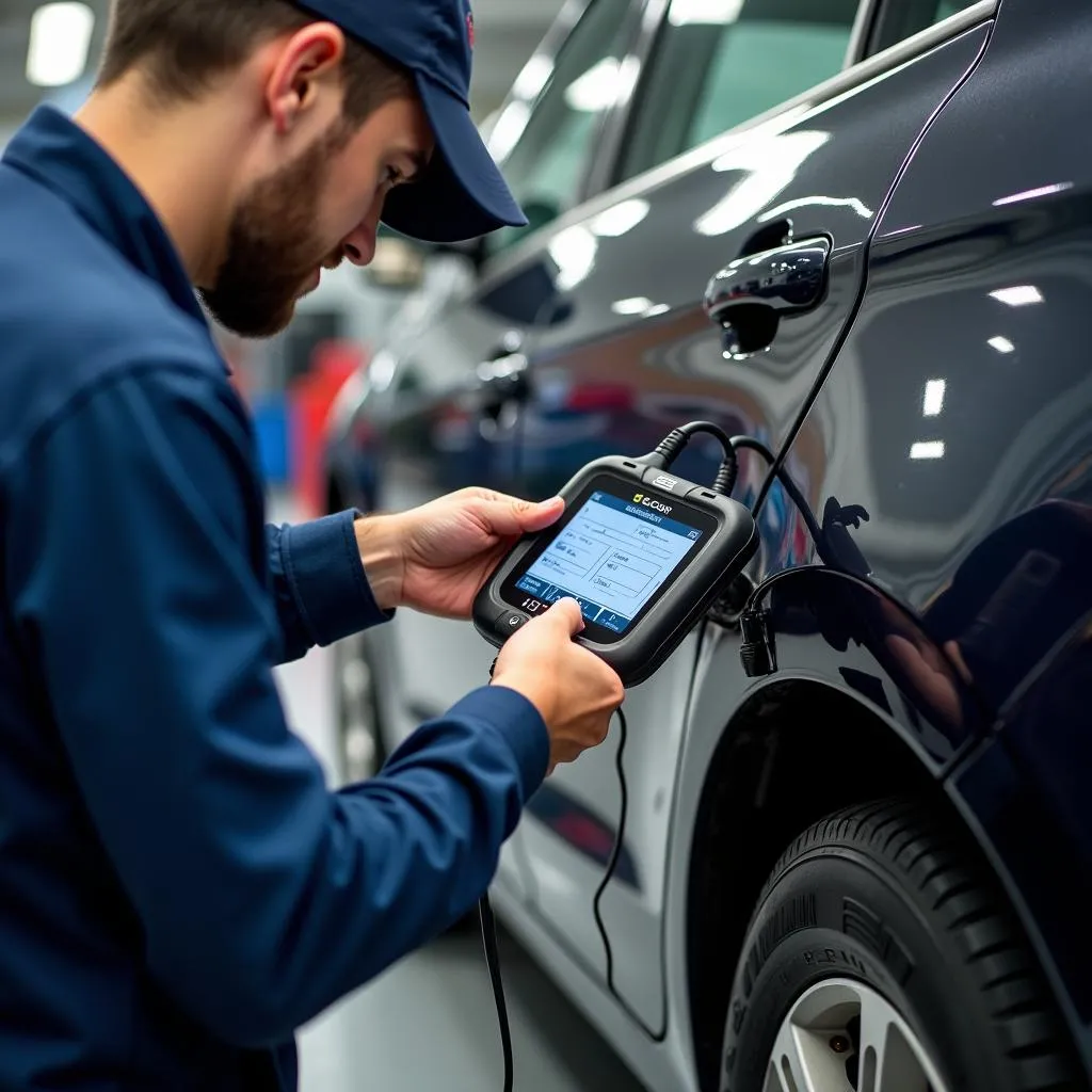 Mechanic using a G Scan tool on a European car