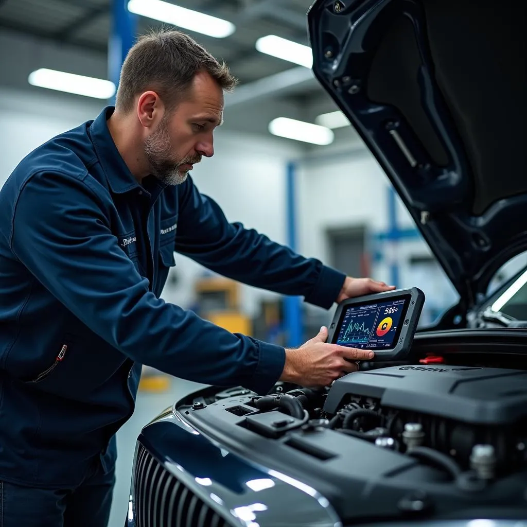 Mechanic using g-scan2 to diagnose a car