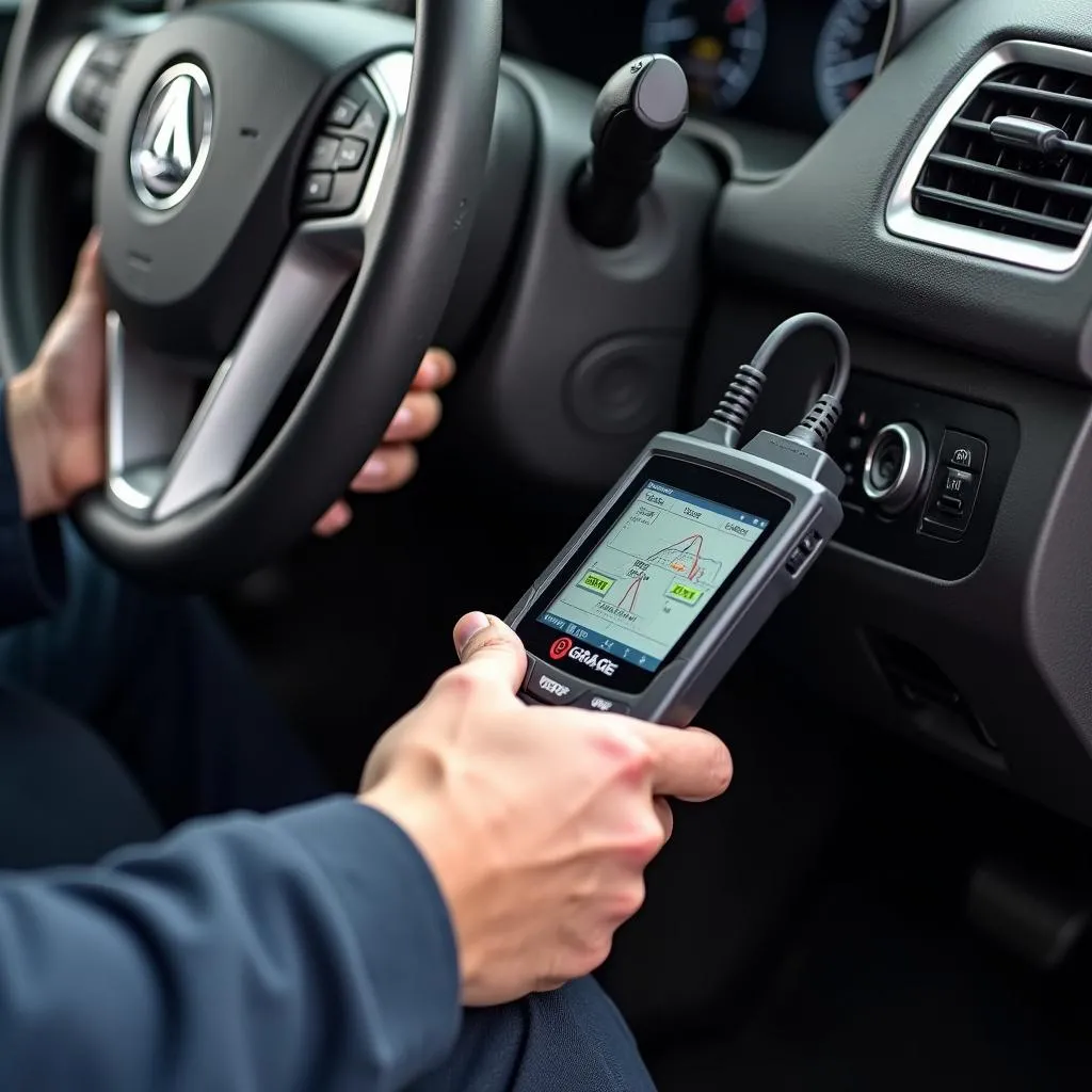 Mechanic using a garage journal scan tool to diagnose a car