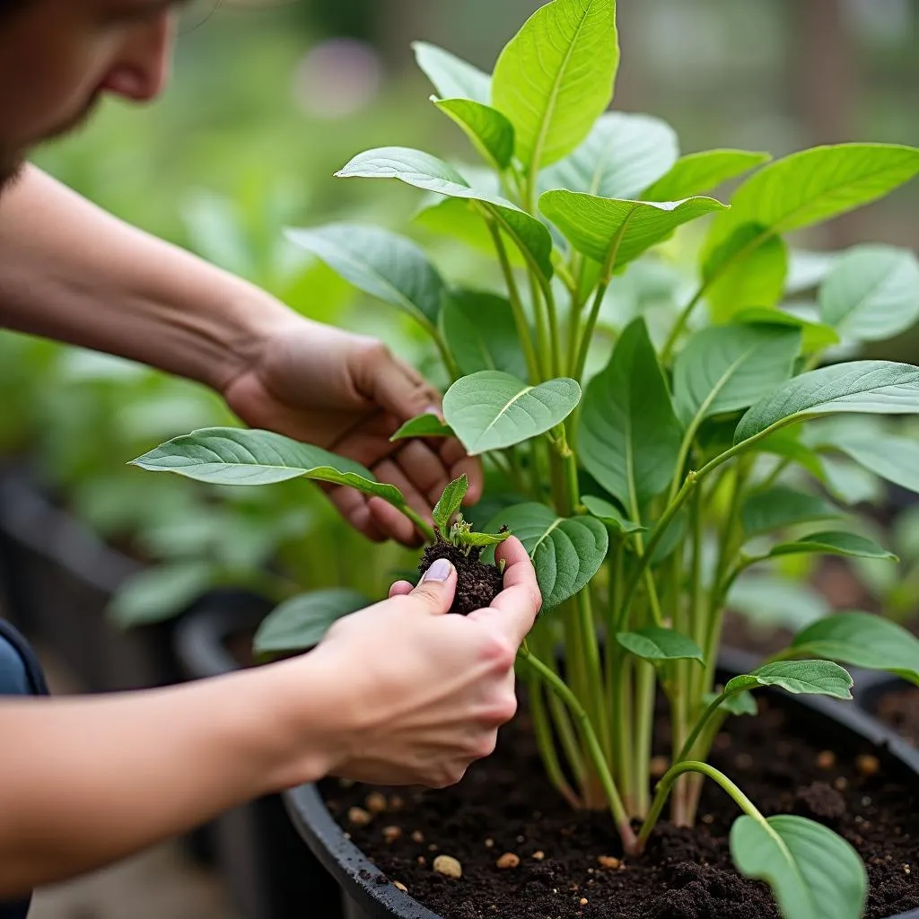 Gardener inspecting plants for signs of pests or diseases.