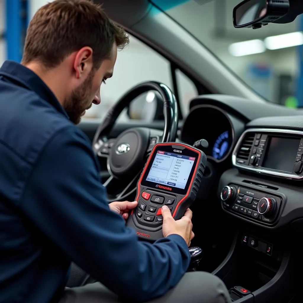 Mechanic using a GDS scan tool to diagnose a Kia engine