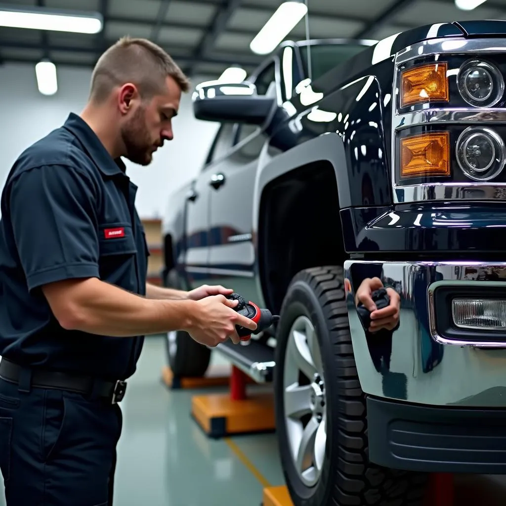 Mechanic using a GM ABS brake bleeding scan tool on a Chevrolet Silverado