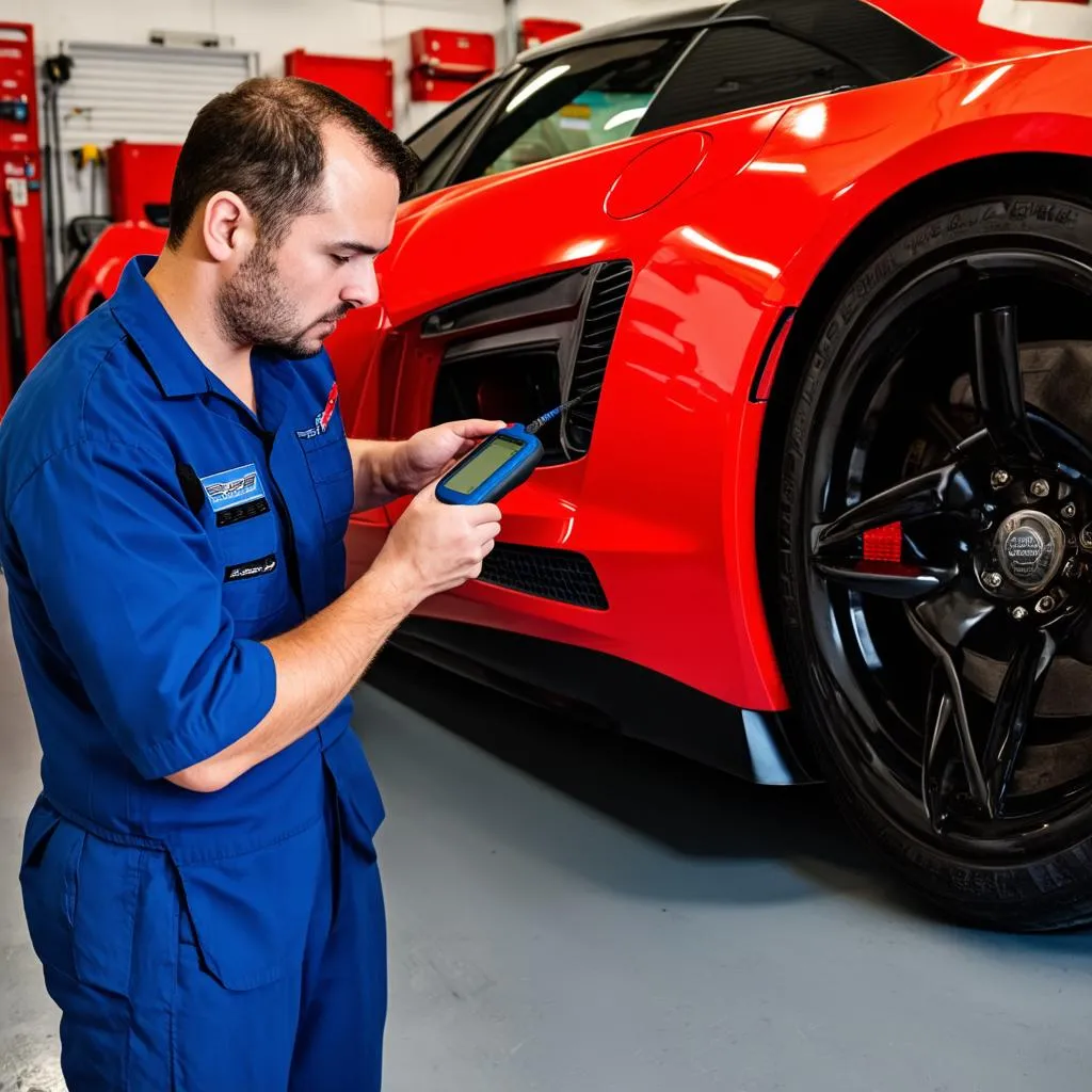 Mechanic using GM diagnostic software on a car