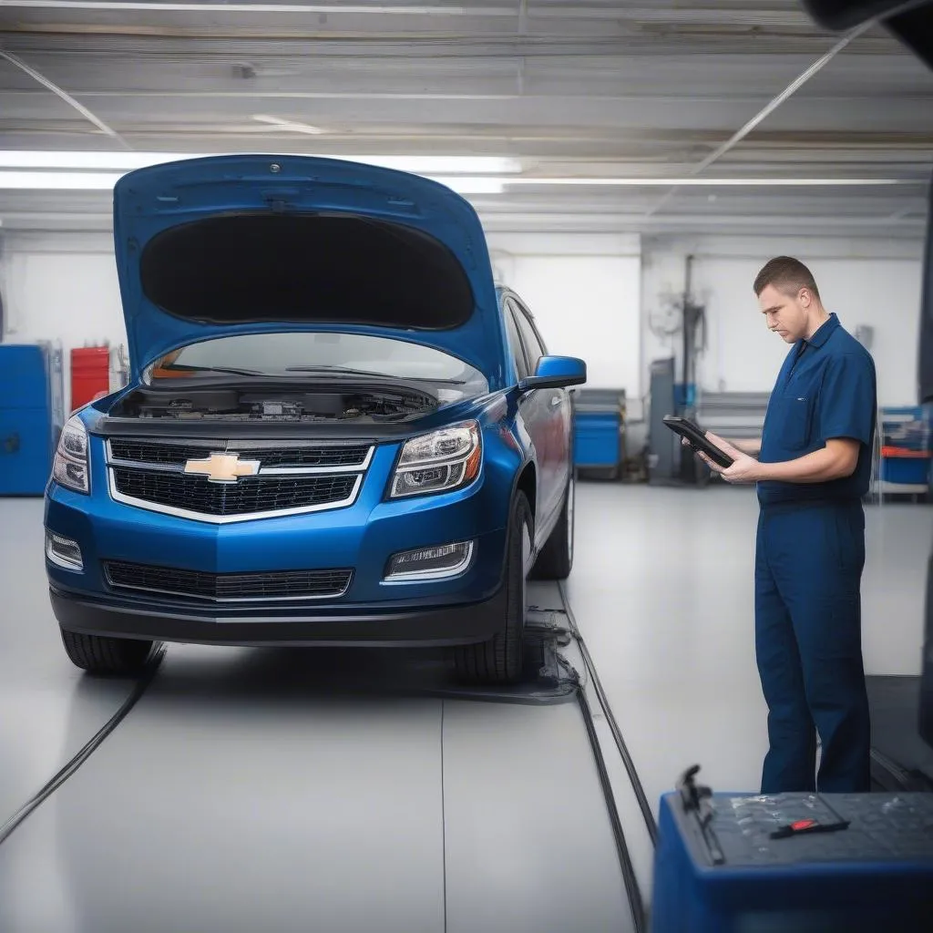 Mechanic using a GM scan tool on a car