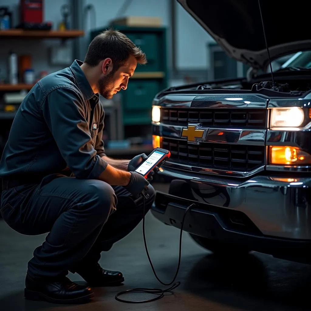 Mechanic using a GM Tech2 scan tool to diagnose a car issue