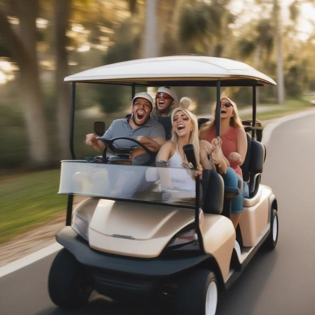 Group of friends driving a golf car on a paved path