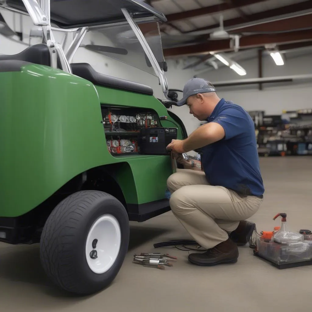 Golf car mechanic inspecting the battery of a golf car