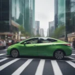 Green car in a city