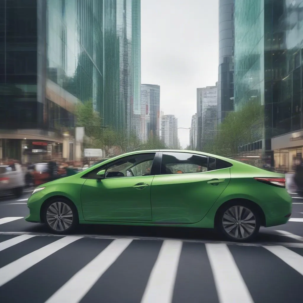 Green car in a city