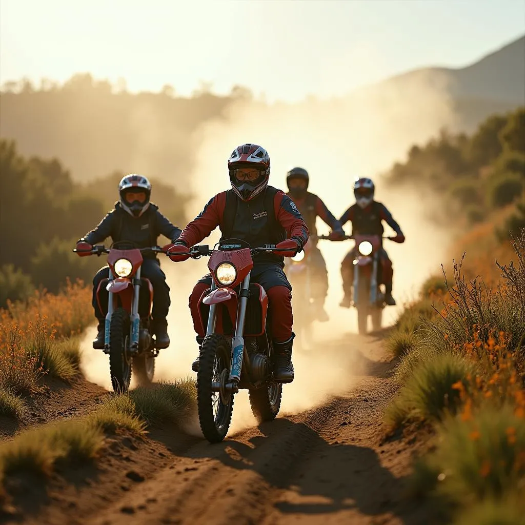 Friends riding dirt bikes through a scenic trail