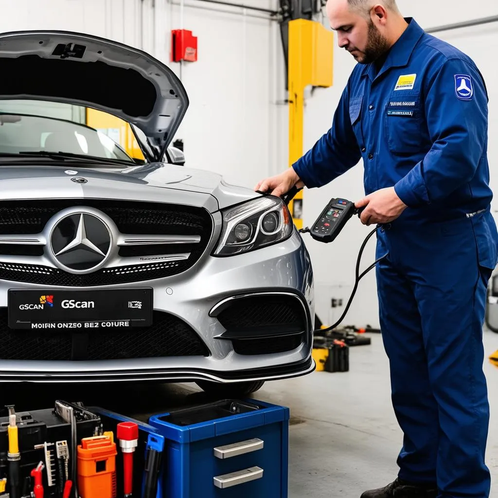 Mechanic using a GScan scan tool on a European car