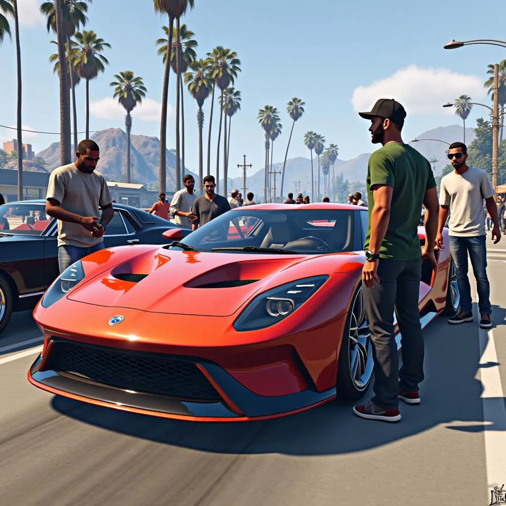 Players showing off their customized cars at a GTA 5 car meet