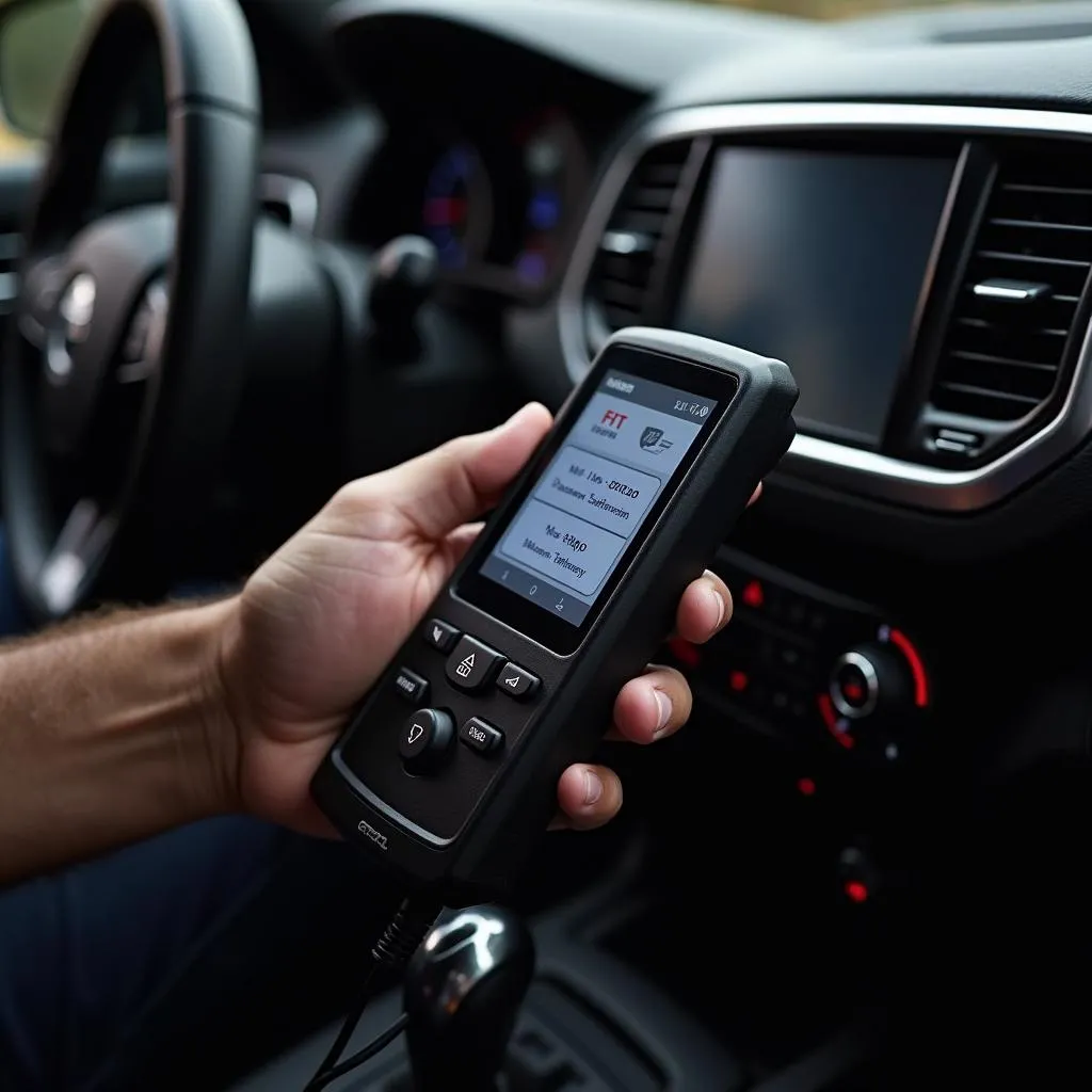 Handheld OBD2 Scanner Connected to Car