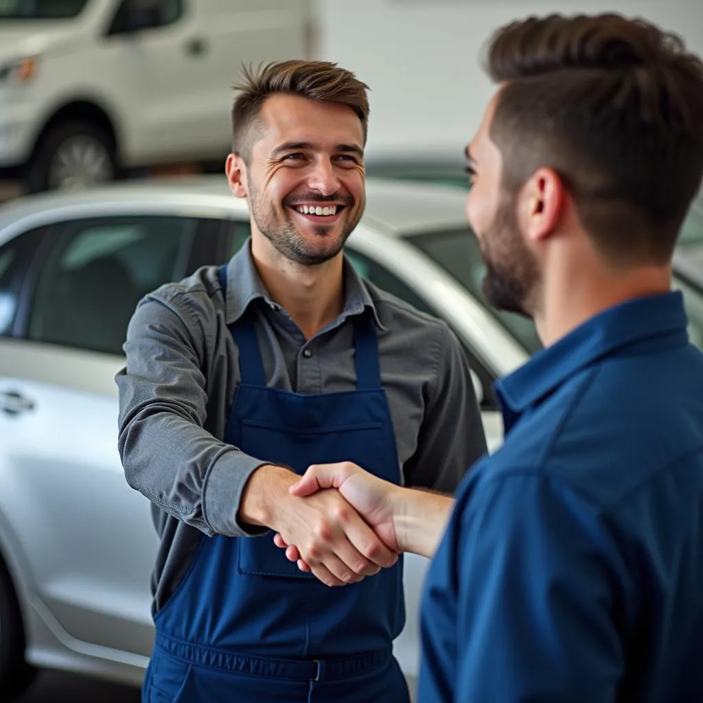 Happy car owner receiving keys to their repaired car