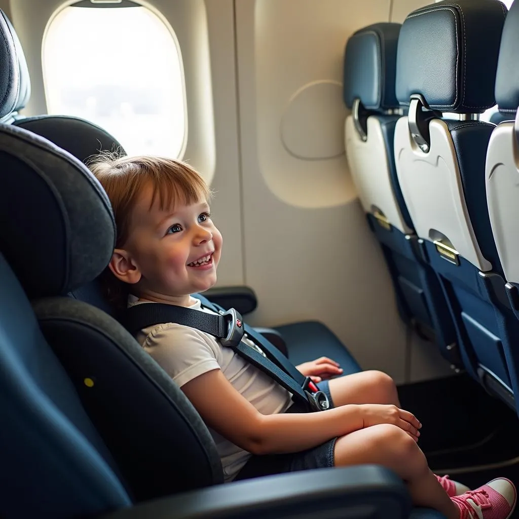 Happy Child in Car Seat on Plane